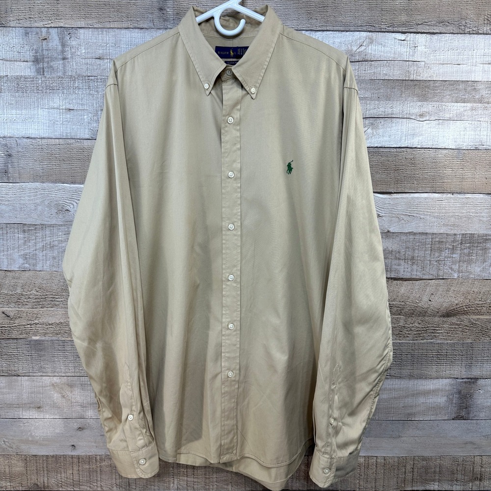 Ralph Lauren Mens Khaki Tan Button Down Classic Fit Cotton Shirt XL Green Pony